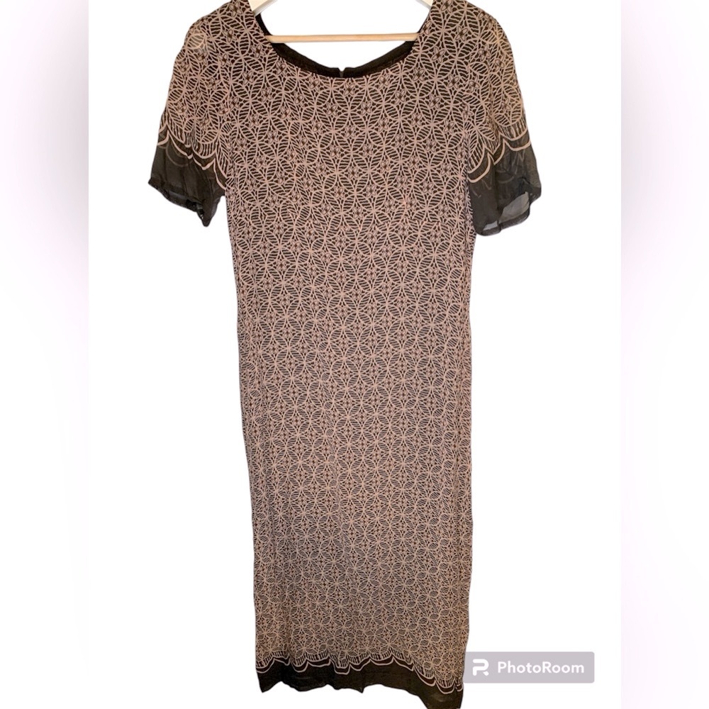 Vintage CW Chocolate/Tan Floral Short Sleeve Long Dress in Size 12